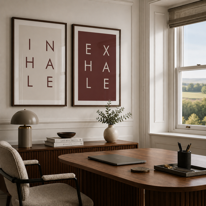 Two framed wall art prints with minimalist typography hang above a wooden console in a styled home office. The left print has dark brown letters on a warm off-white background reading 'INHALE', and the right print has white letters on a dark reddish-brown background reading 'EXHALE'.