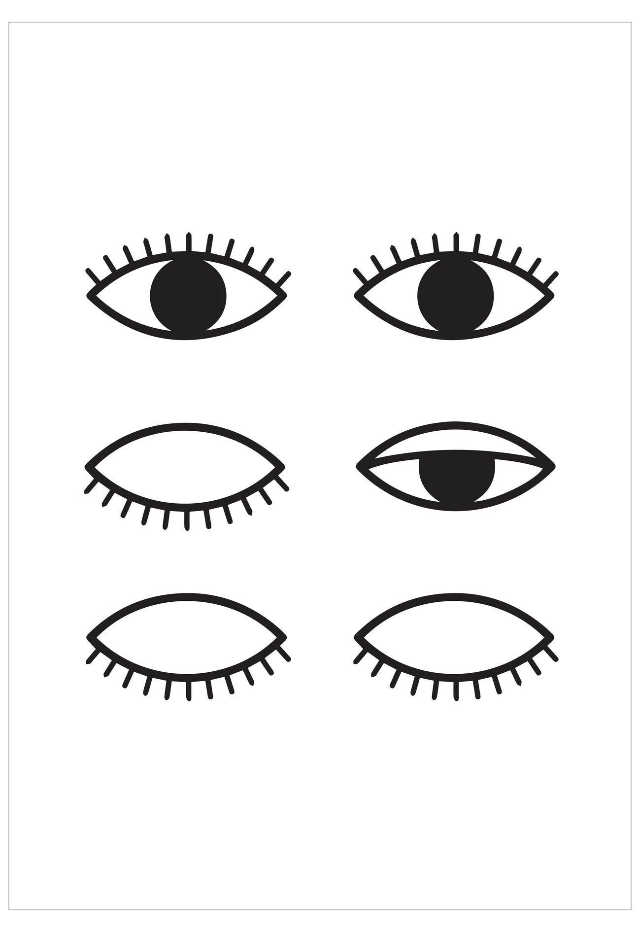 Set of six black eye illustrations on a white background