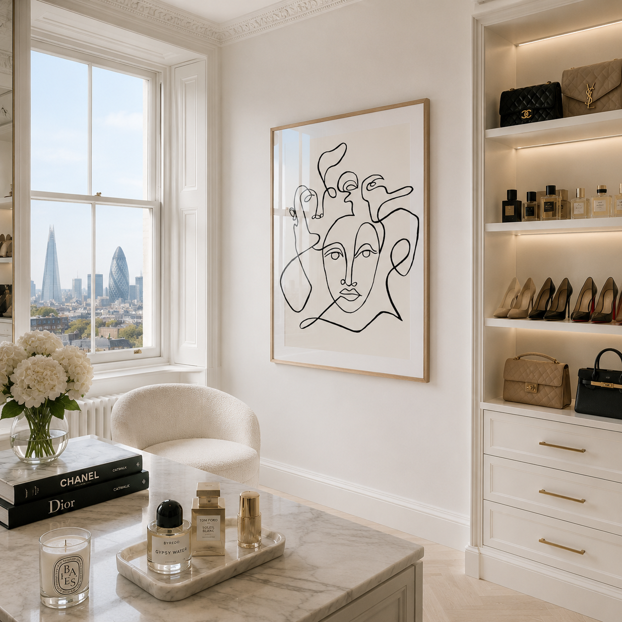 Luxurious room with a cityscape view, decor items, and a shelf with bags.