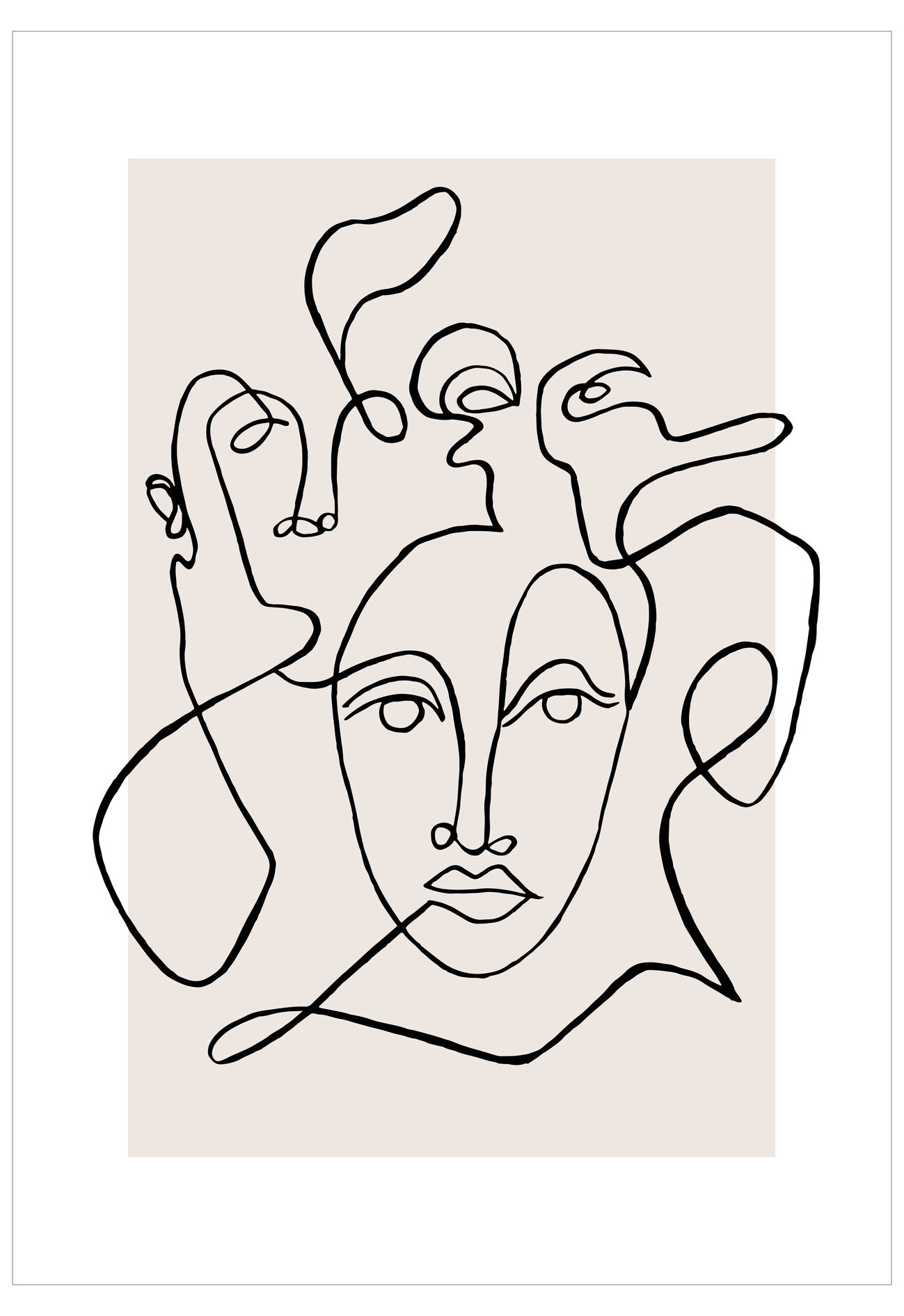 Abstract line art of a face on a beige background