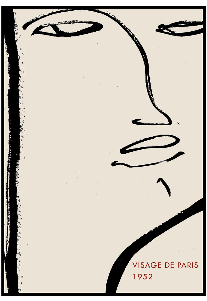 Abstract line drawing of a face with 'Visage de Paris 1952' text on a beige background