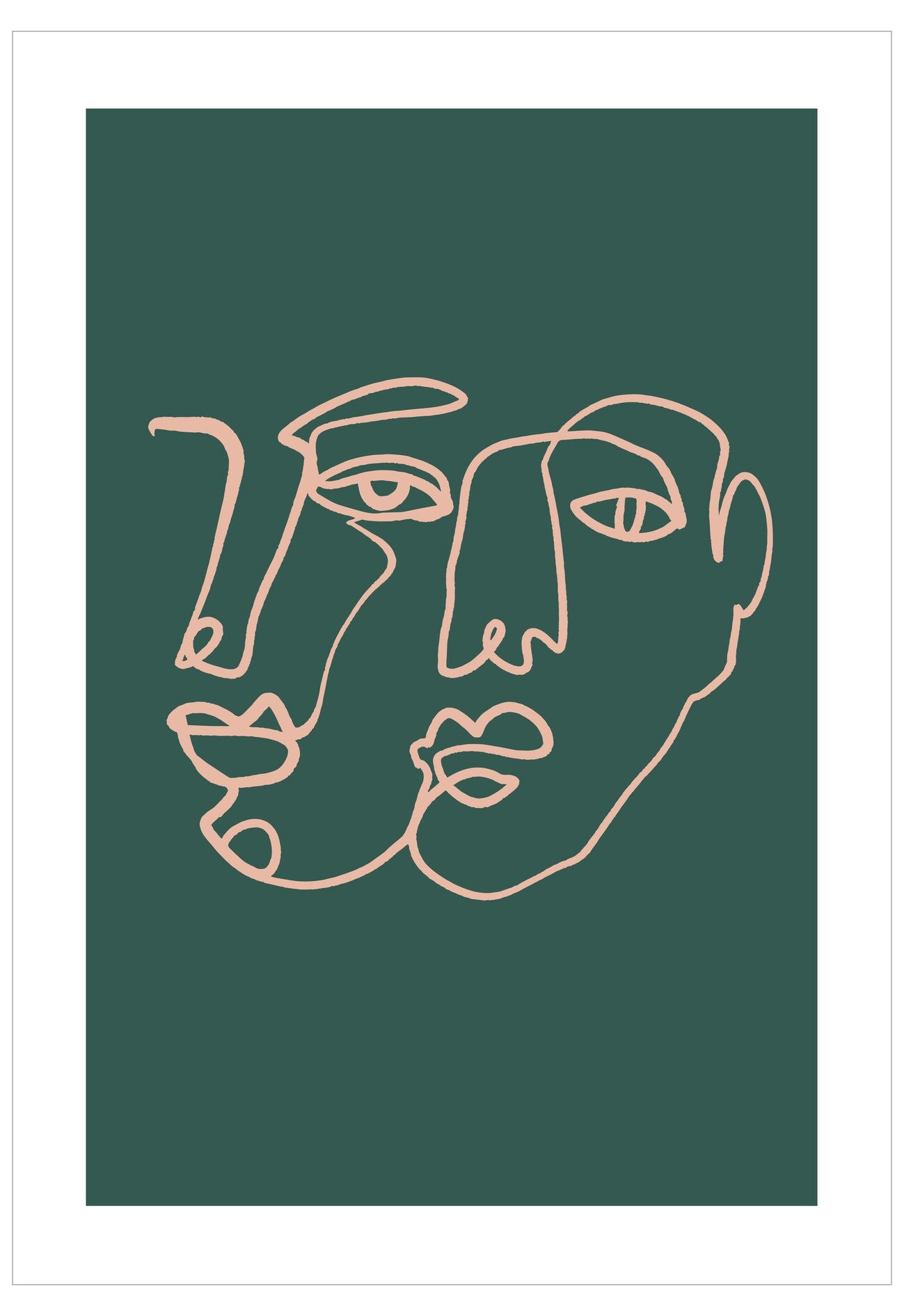 Abstract line art of two faces on a green background