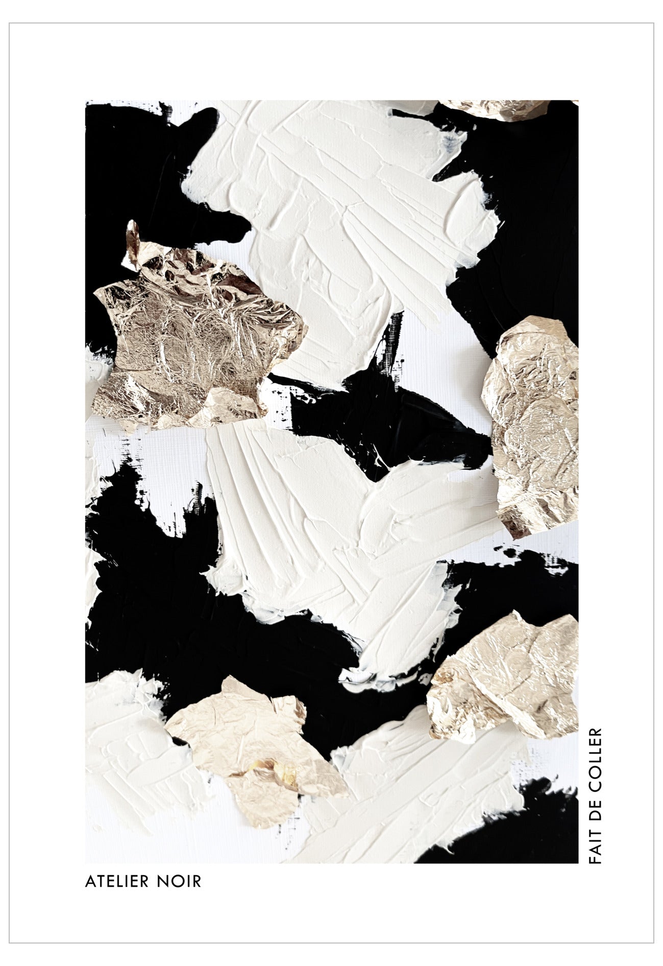 Abstract art piece with black, white, and beige elements on a white background