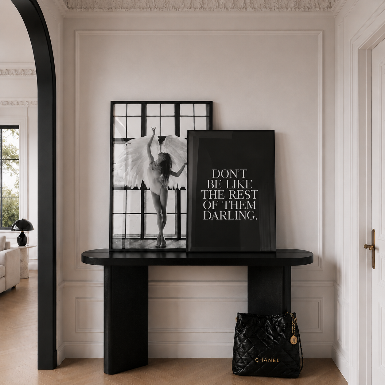 Black and white stylish wall art in luxury apartment hallway