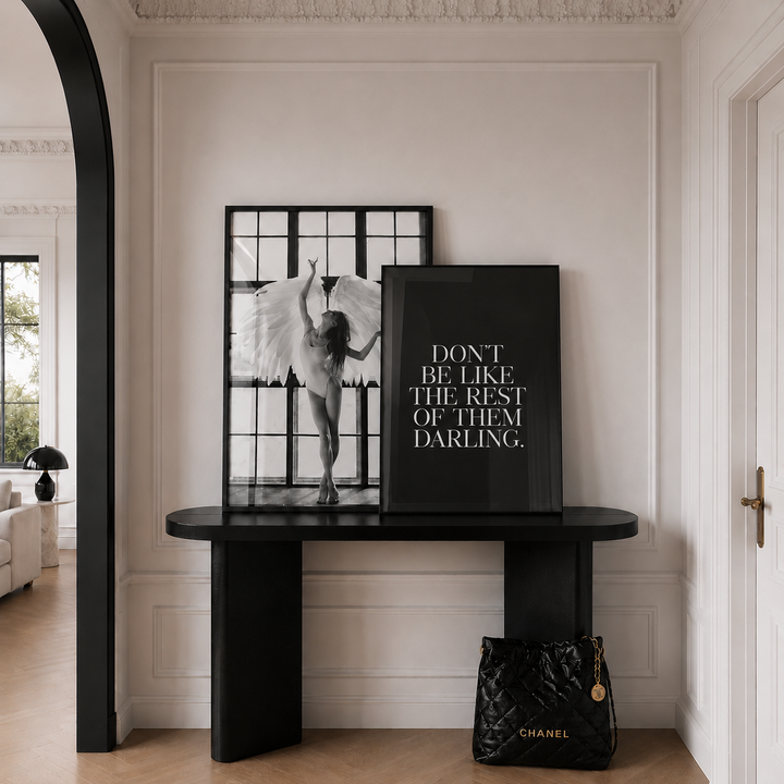 Black and white stylish wall art in luxury apartment hallway