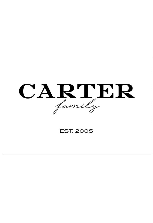 Personalized family name sign with 'Carter family EST. 2005' on a white background