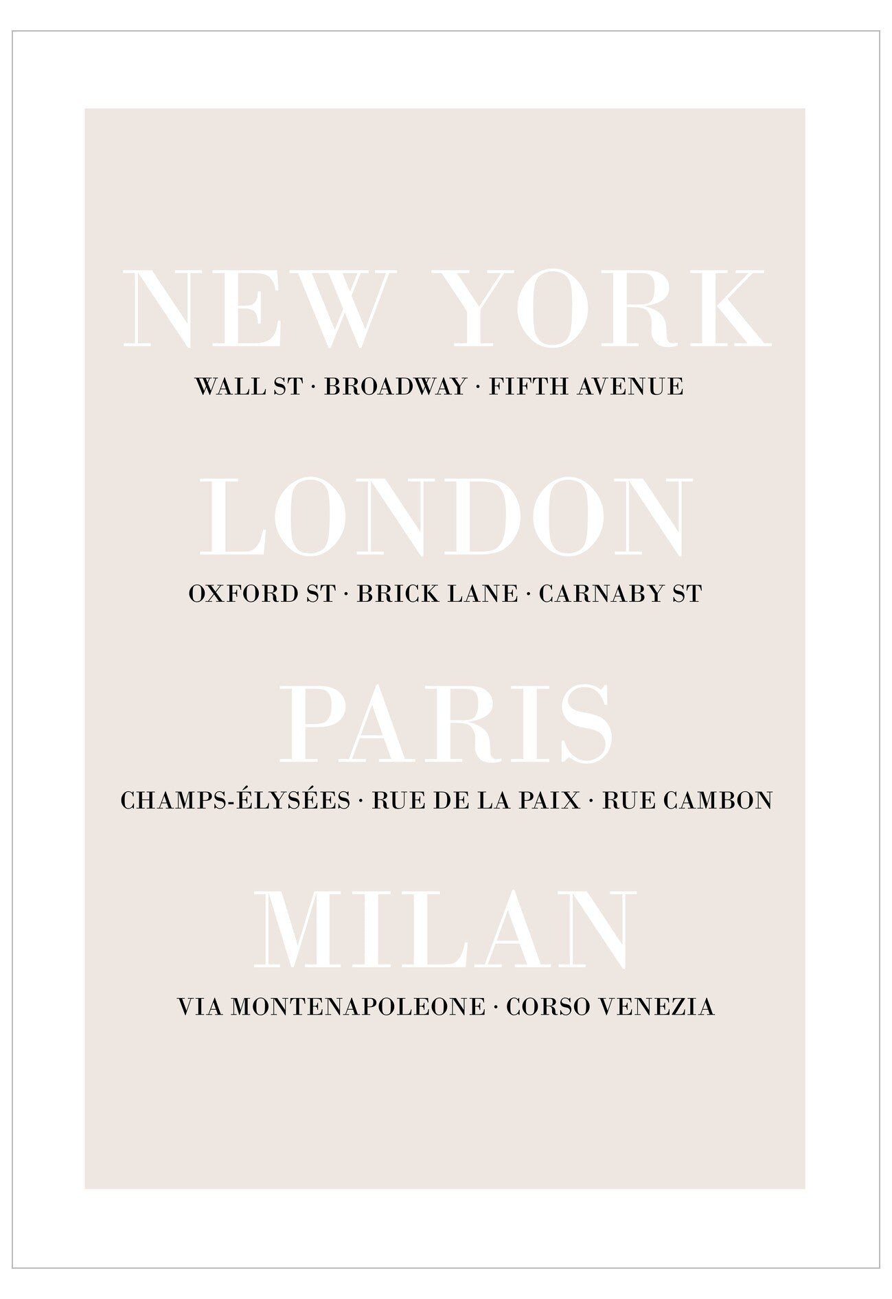 Poster with city names and famous streets on a light beige background