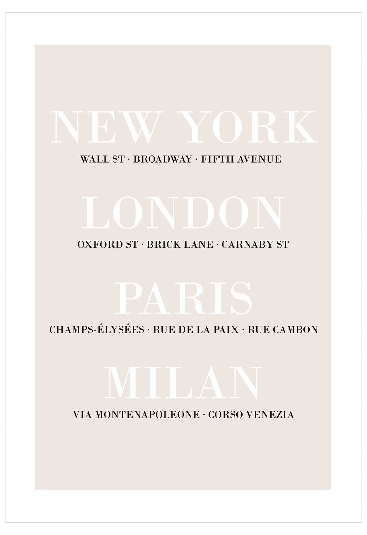 Poster with city names and famous streets on a light beige background