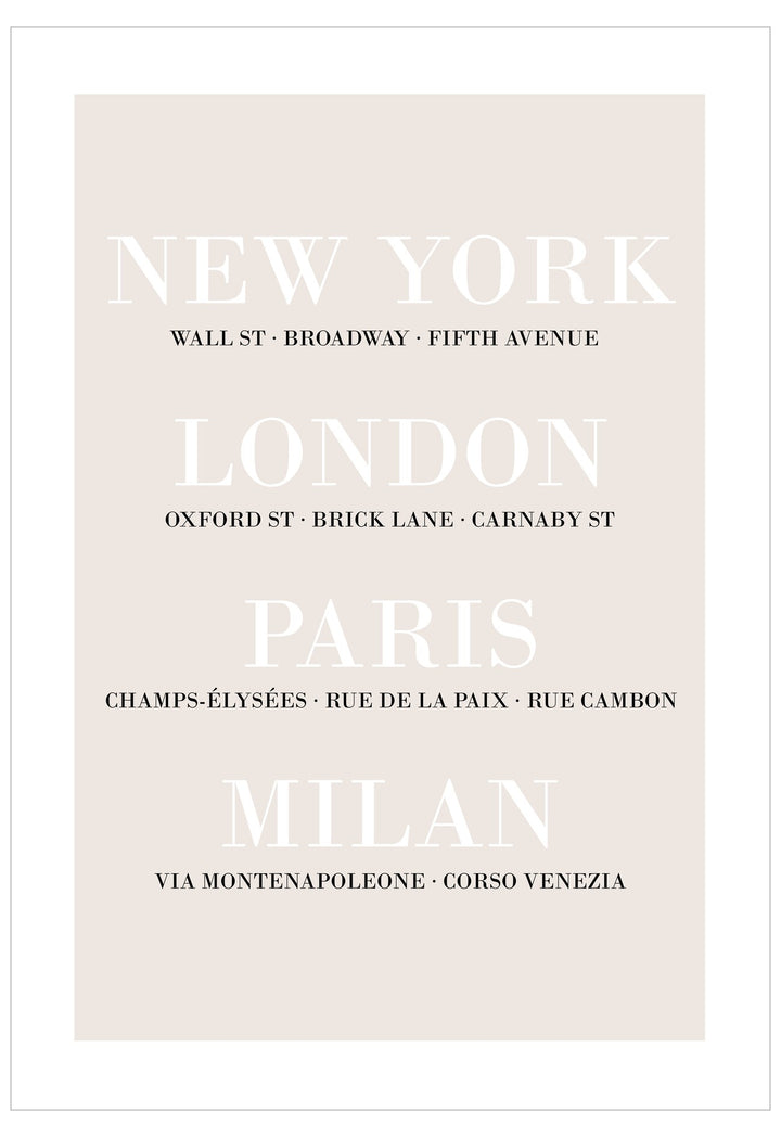 Poster with city names and famous streets on a light beige background