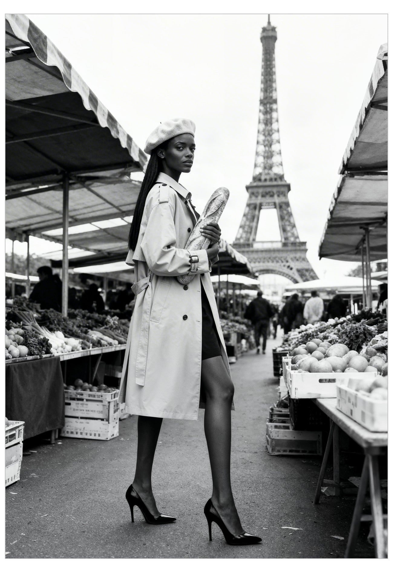 Woman in a trench coat standing in a market with the Eiffel Tower in the background