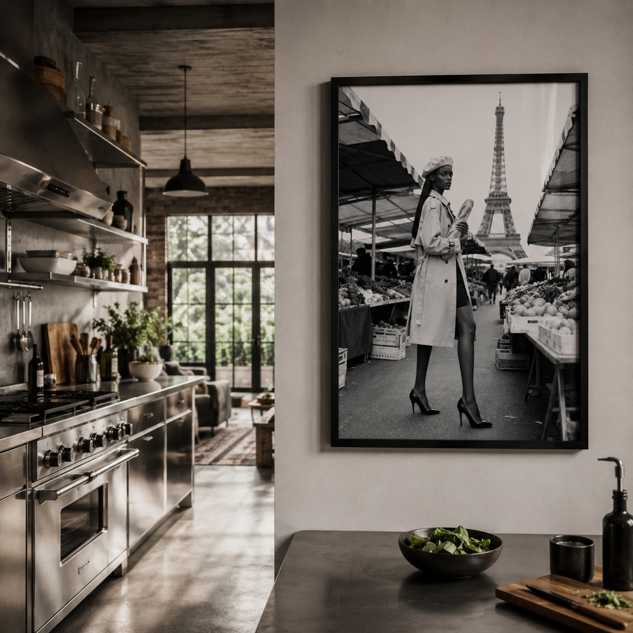 Modern kitchen with a framed black and white photo of a woman in front of the Eiffel Tower.