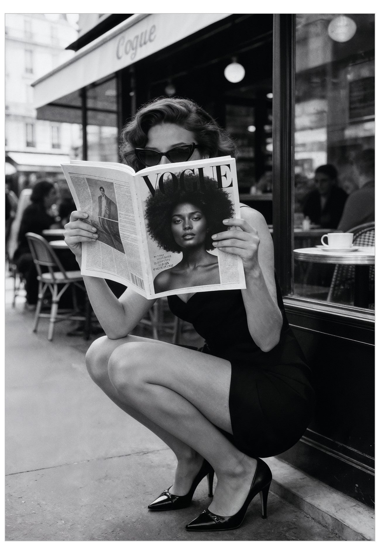 Woman reading a Vogue magazine in Paris with a model on the cover in an urban setting.