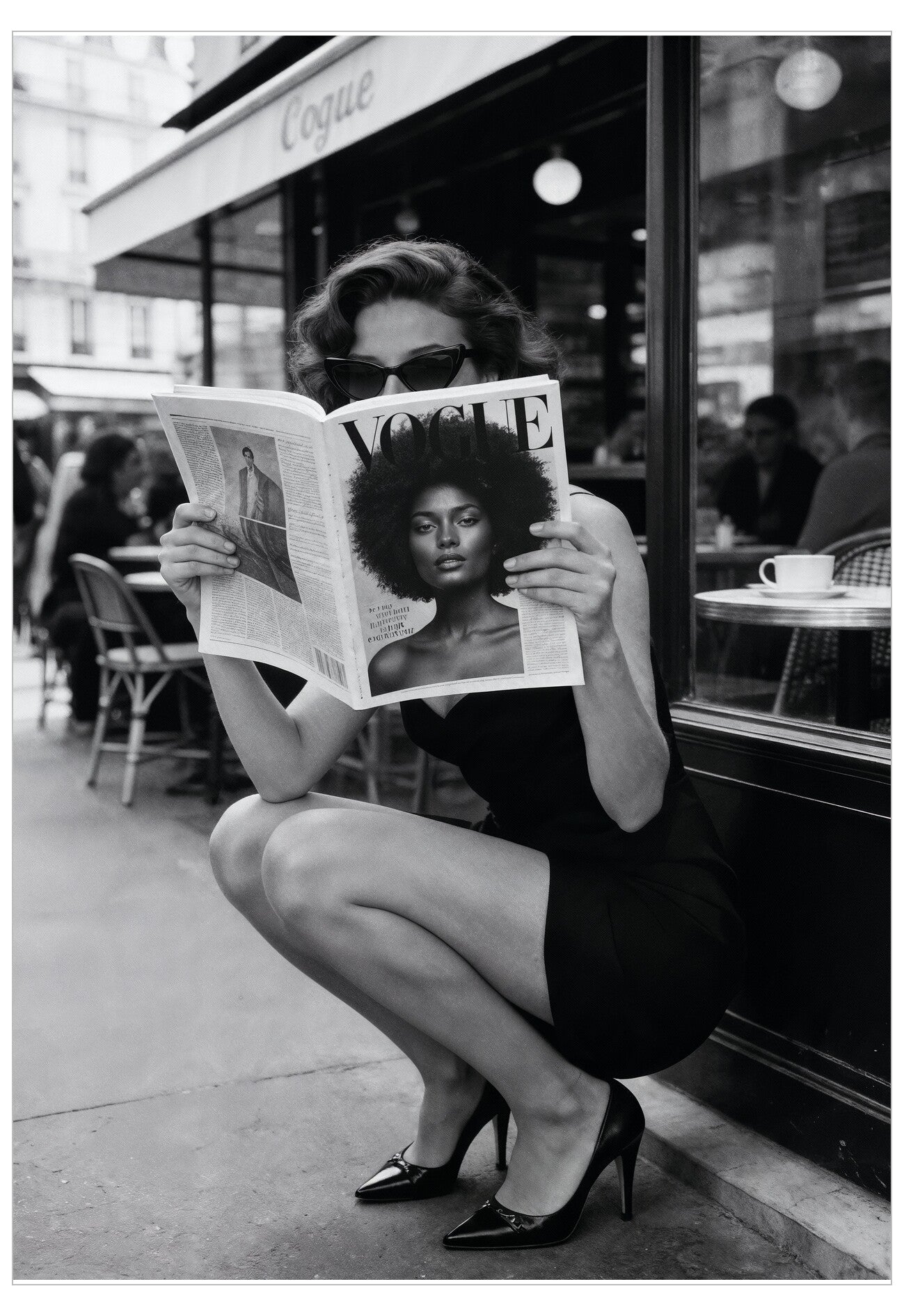 Woman reading Vogue magazine with a model on the cover in an urban setting.