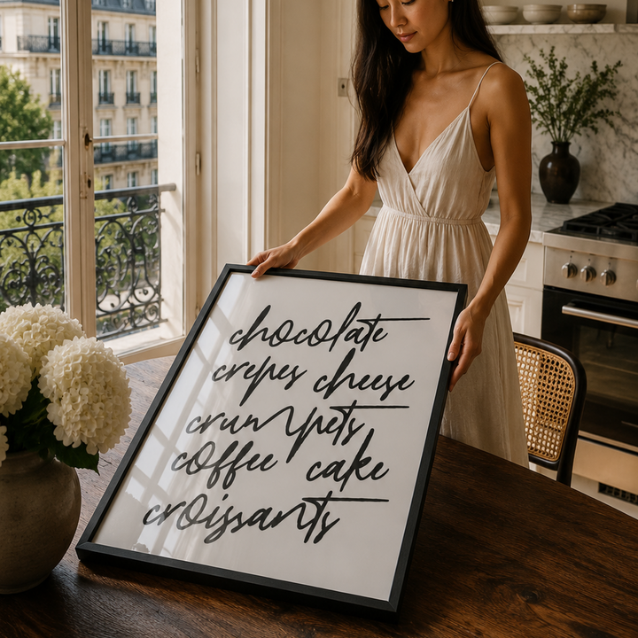 Woman holding a framed text art piece in a kitchen with large windows.