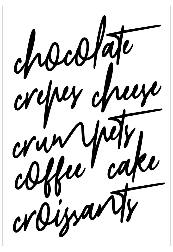 Textual list of dessert items in a decorative font on a white background