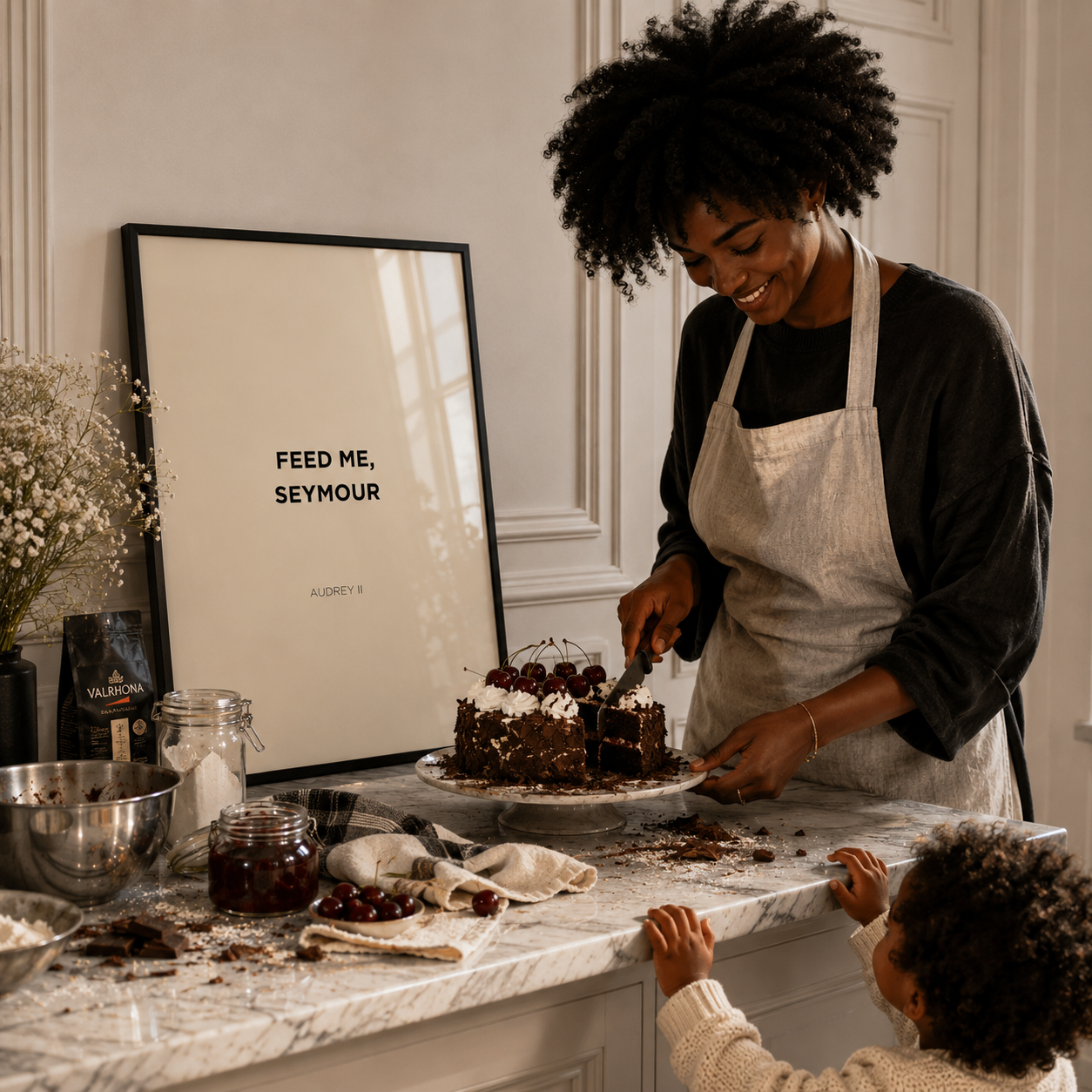 Woman in apron cutting a chocolate cake with a child in a kitchen, with 'Feed Me, Seymour' poster in the background.