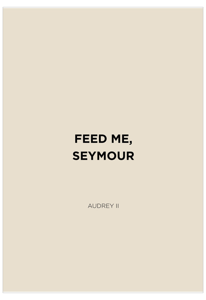 Beige book cover with 'Feed Me, Seymour' text on a beige background