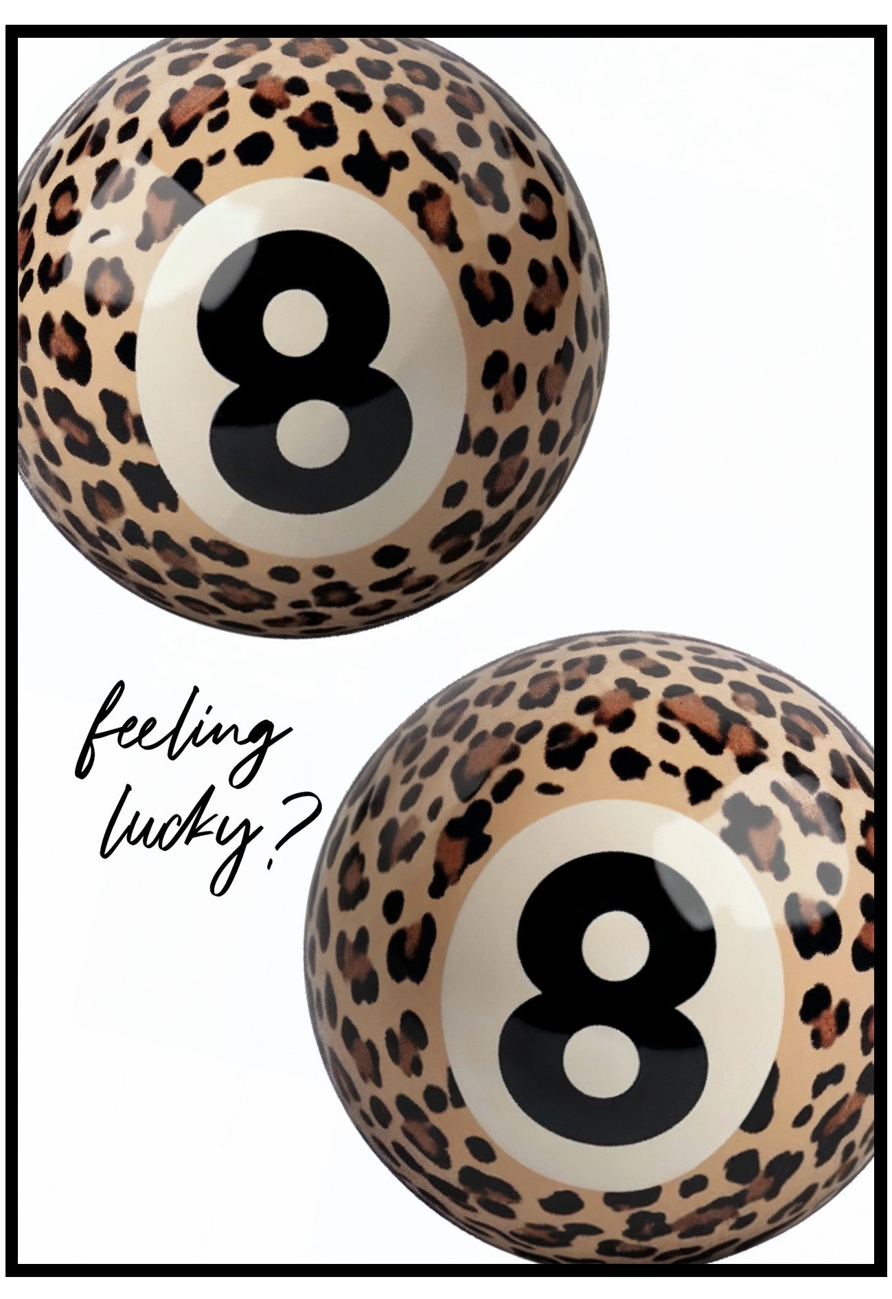 Two leopard print pool balls with the number 8 on a white background.