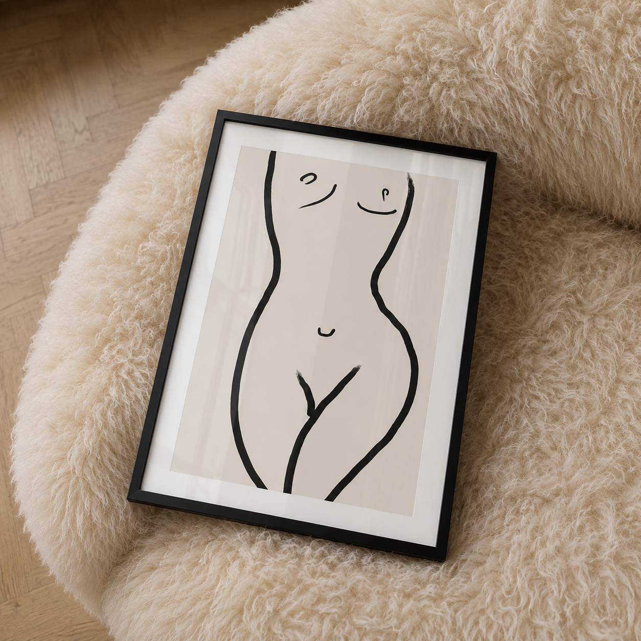 Framed abstract artwork of a nude figure on a textured surface