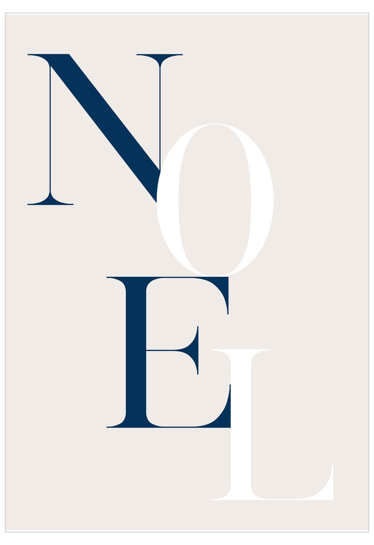 Text 'NOEL' in blue and white on a light gray background