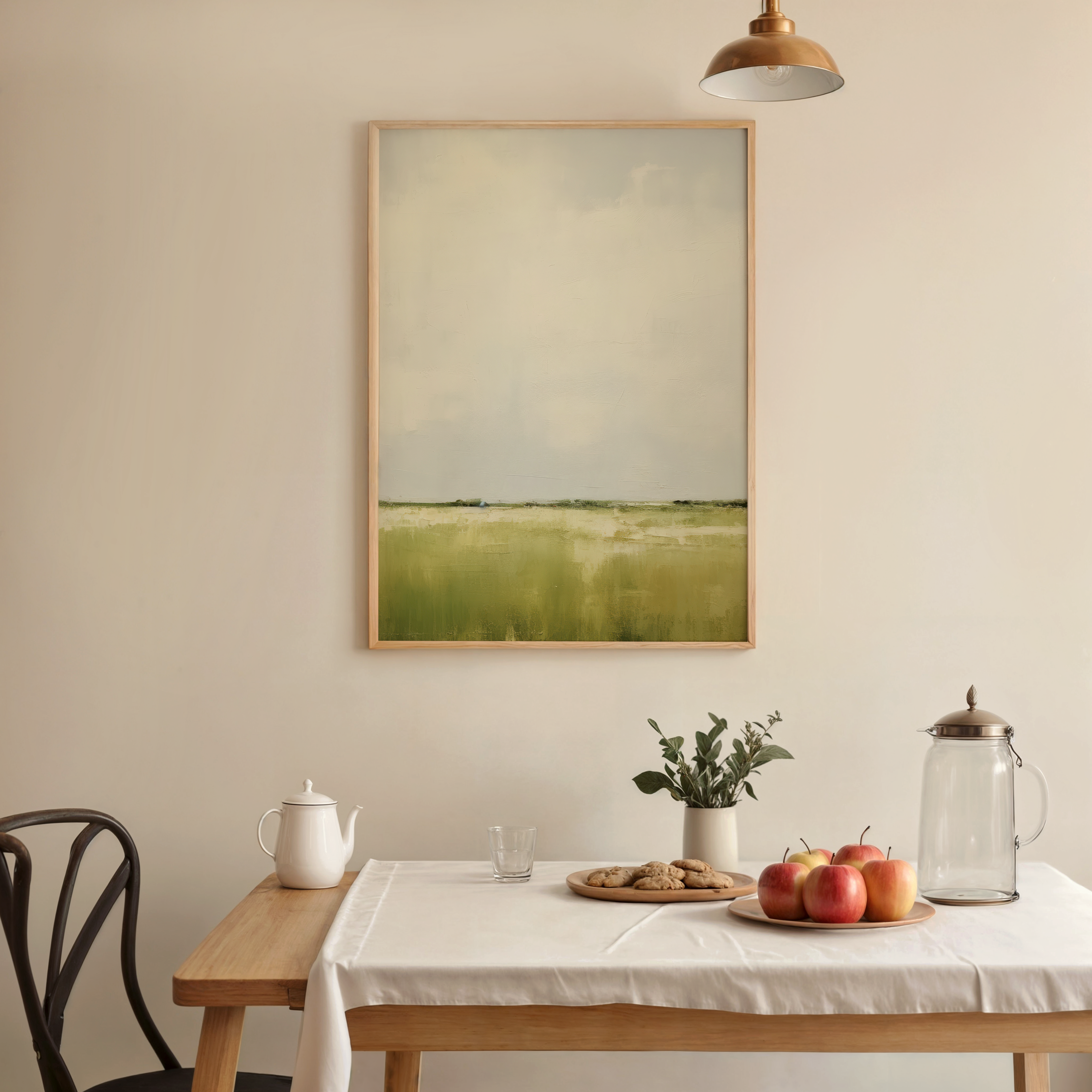 Dining room with a framed landscape painting on the wall, table with apples and teapot, and chair.
