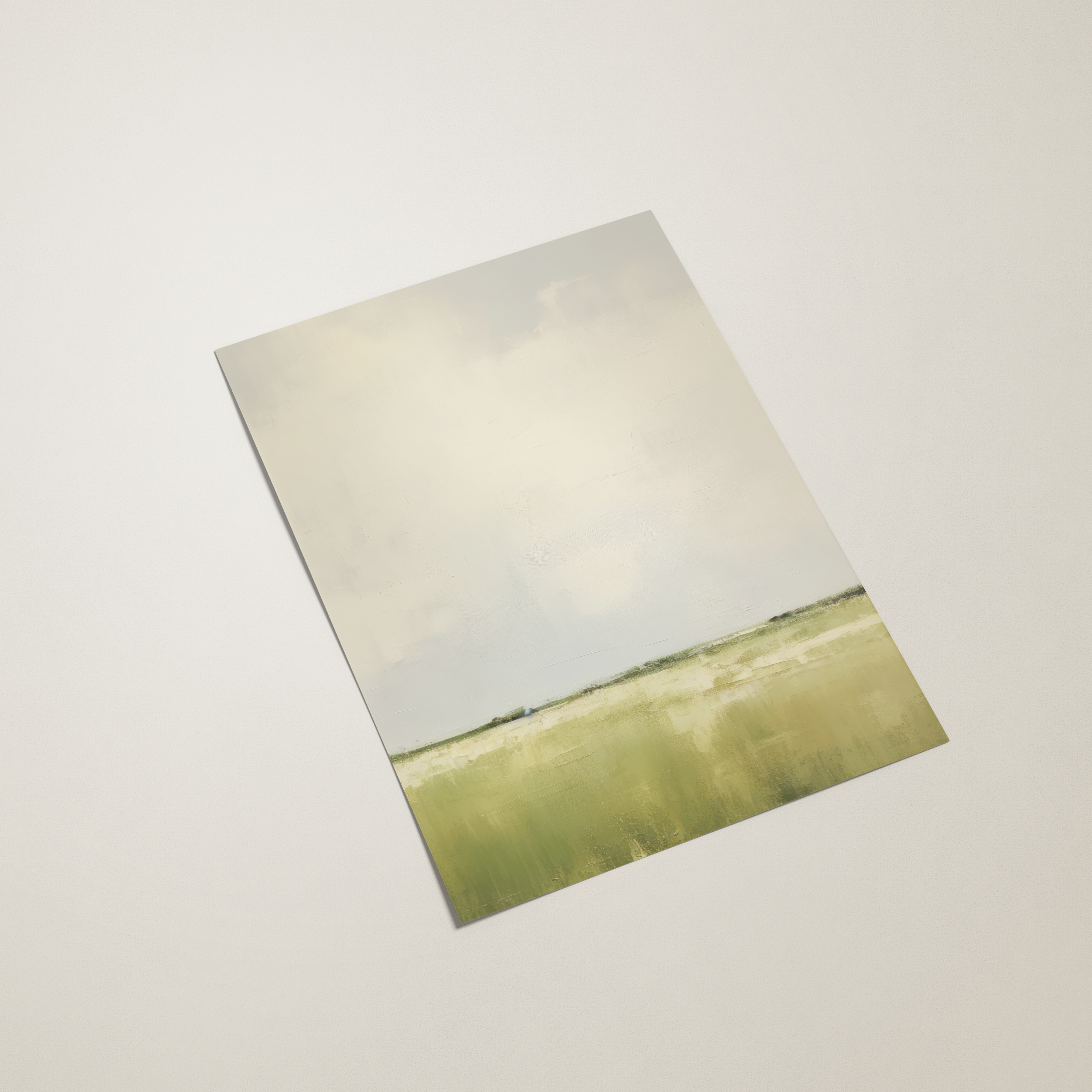 Square print of a landscape with a field and sky on a beige background