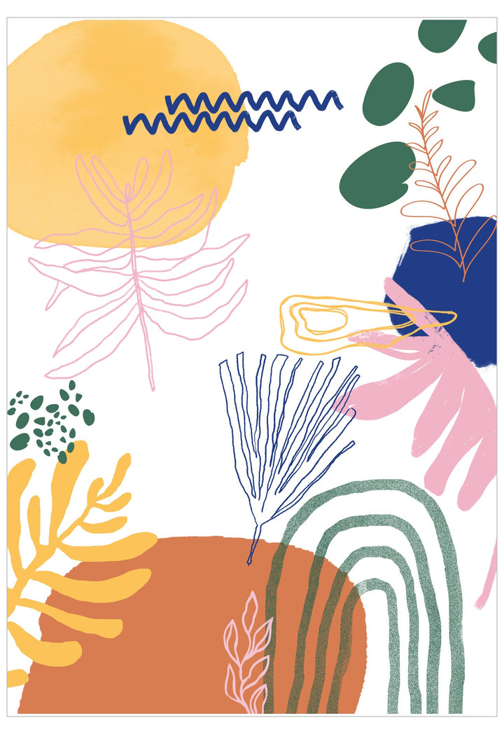 Colorful abstract design with leaves and geometric shapes on a white background