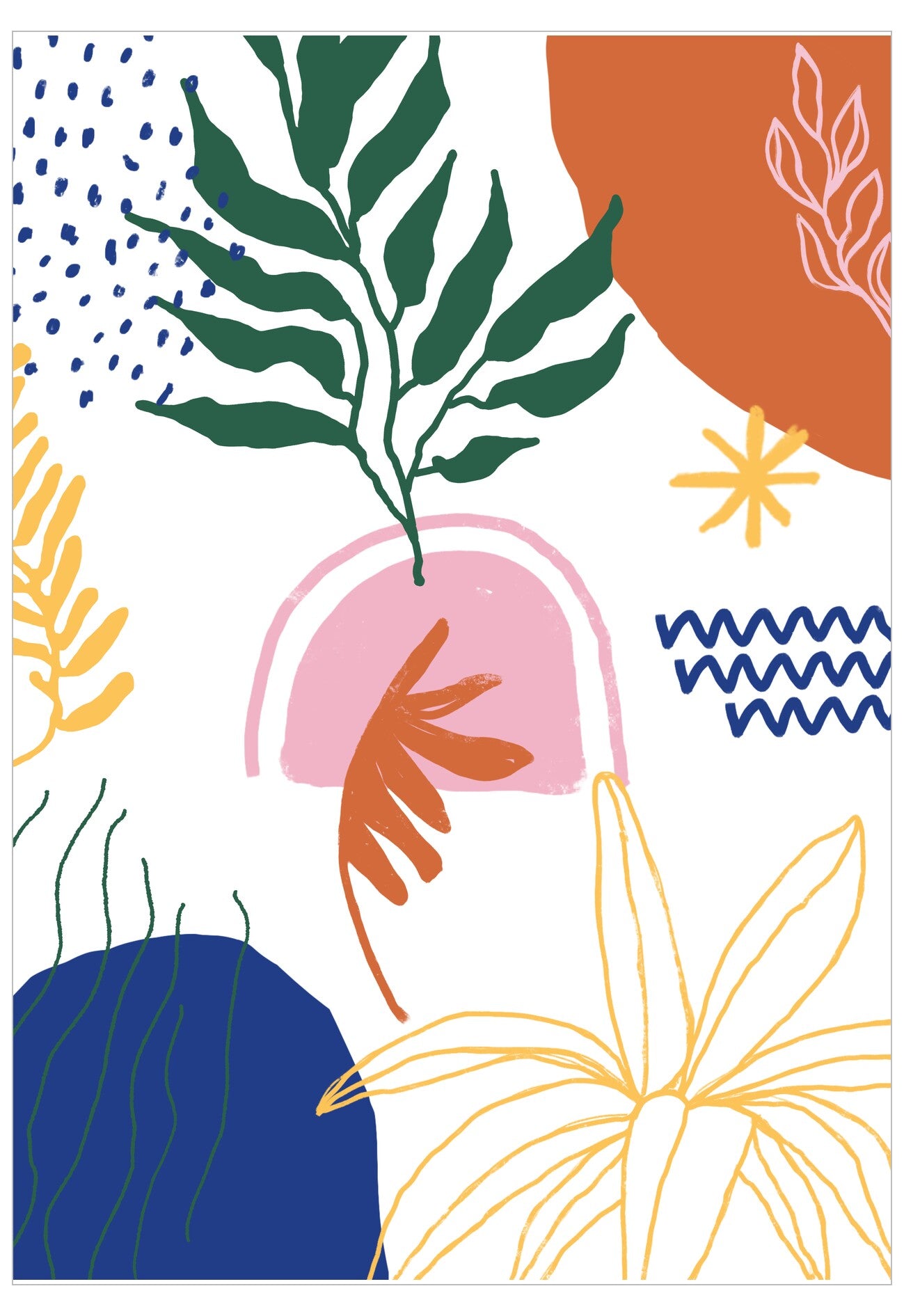 Colorful abstract design with leaves and geometric shapes on a white background