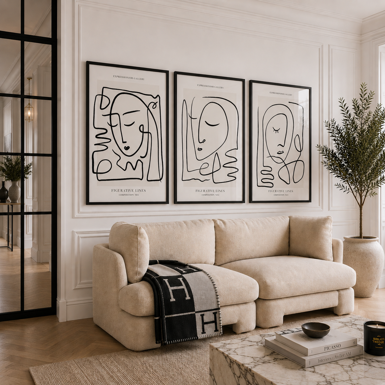 Modern living room with a beige sofa, abstract wall art, and decorative elements.