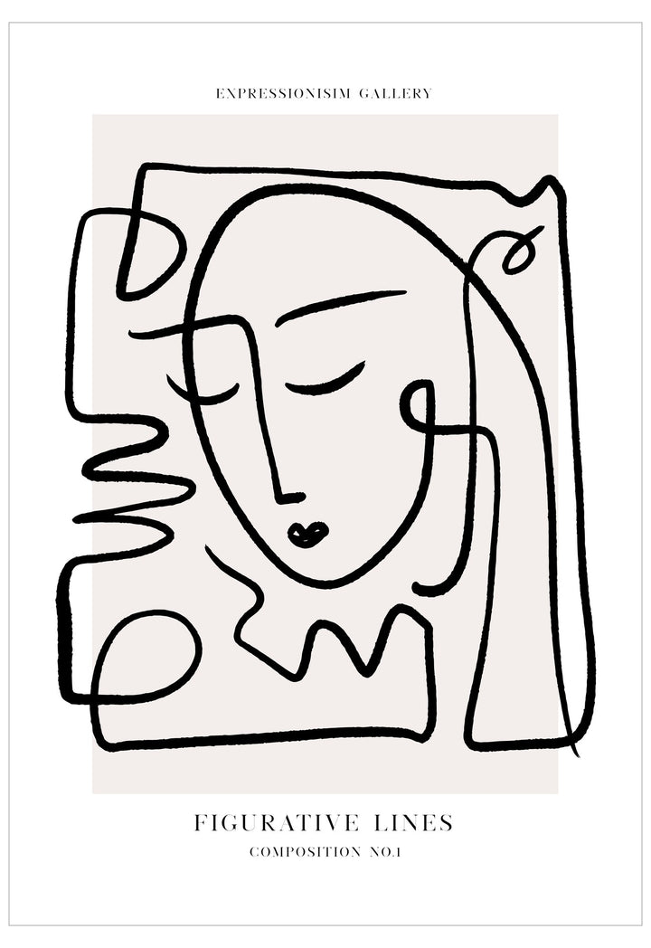 Abstract line art of a face on a white background with 'Expressionism Gallery' text.