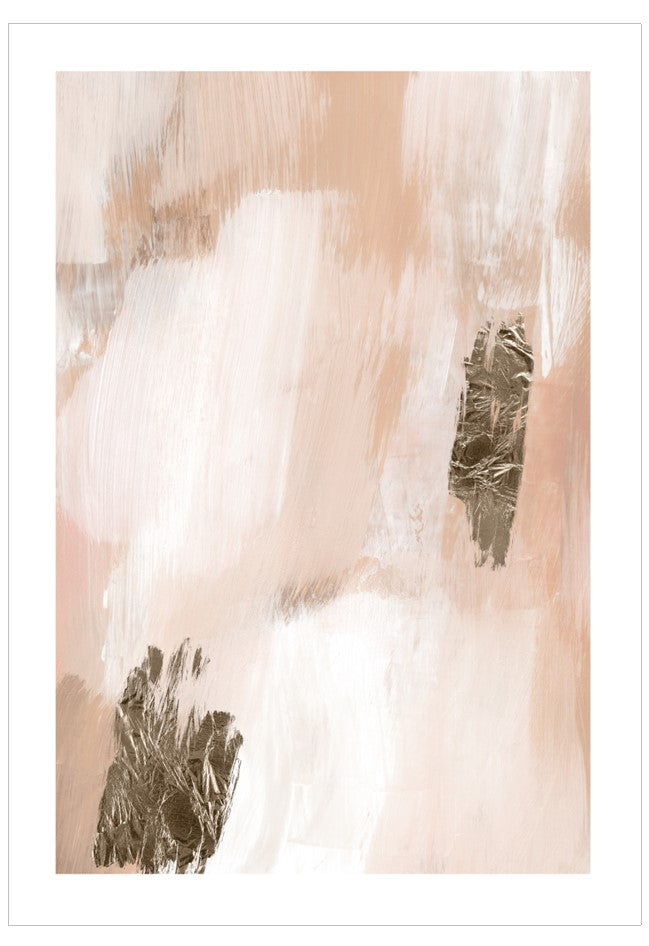 Abstract art with brush strokes in white, beige, and brown on a light pink background