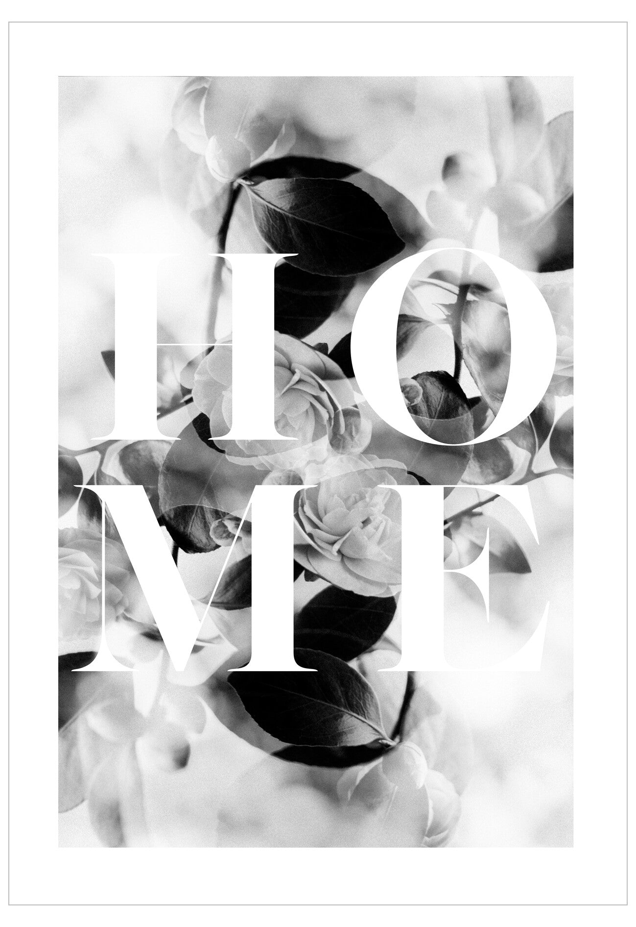 Black and white floral design with the word 'HOME' in the center.