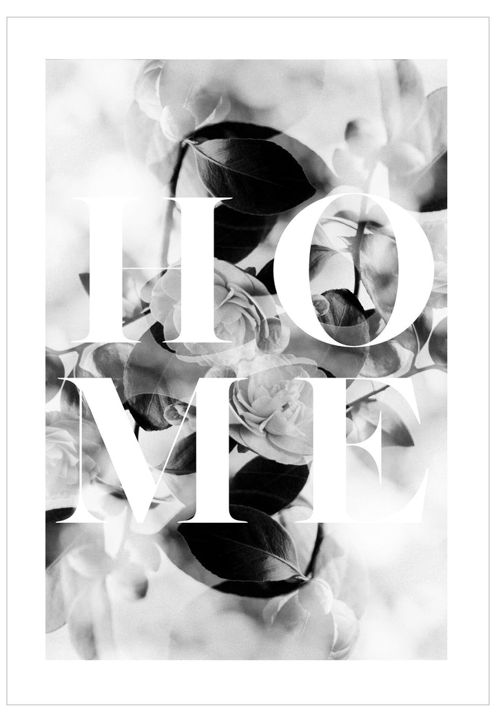 Black and white floral design with the word 'HOME' in the center.