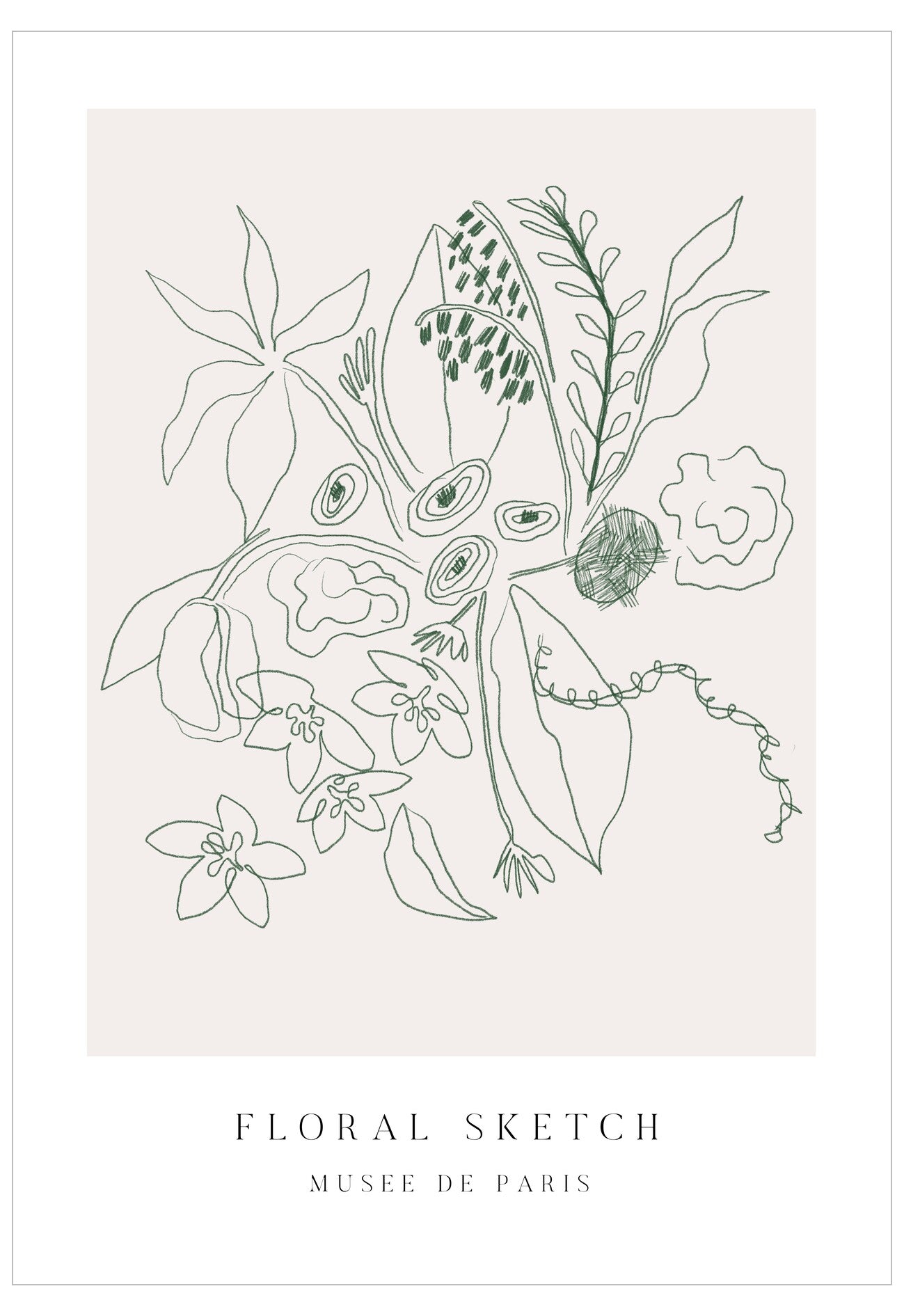 Line art of a floral design with 'Floral Sketch' text at the bottom on a beige background.