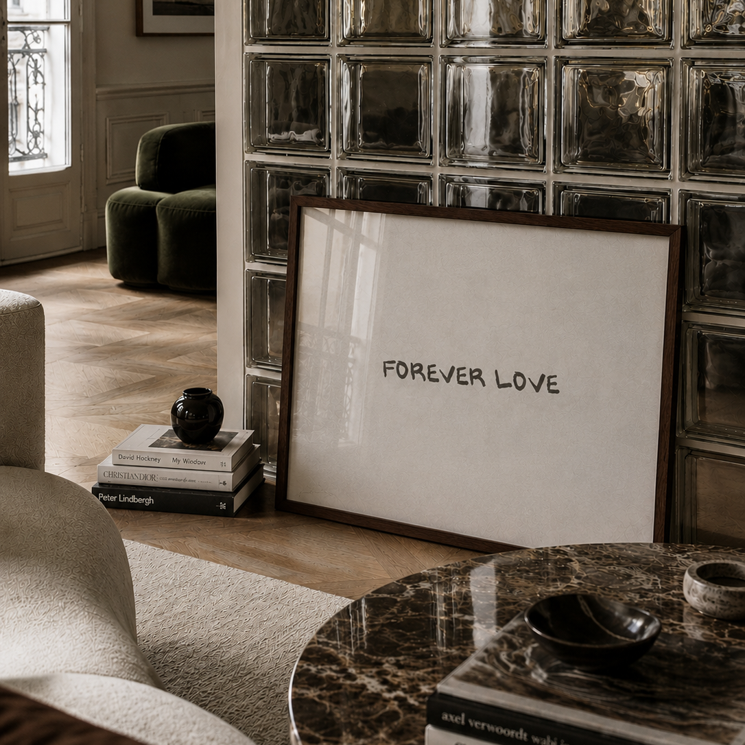Forever love luxury horizontal wall art in a dark wood frame in a parisian apartment