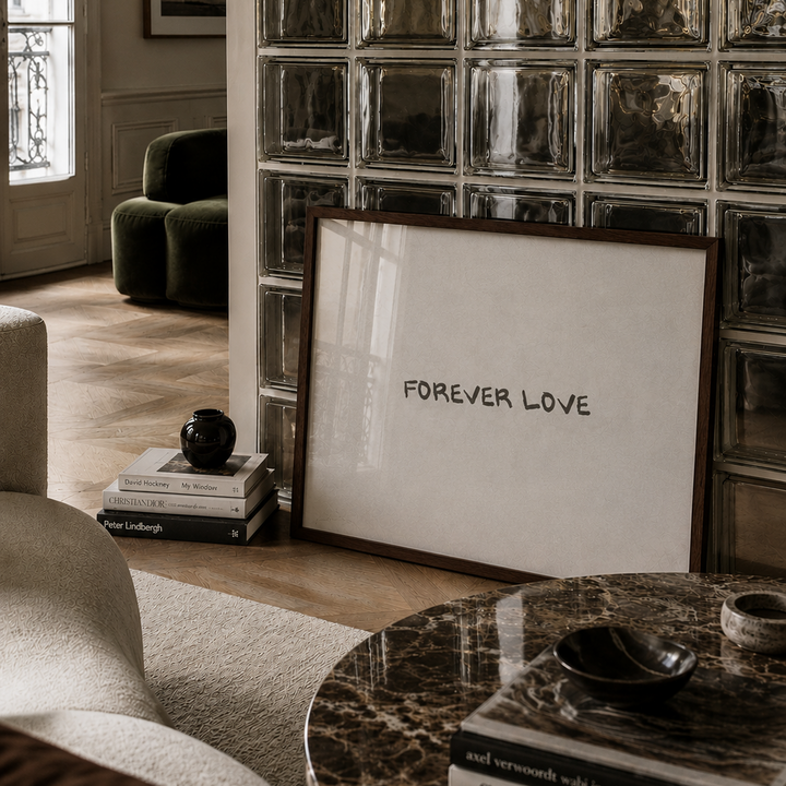 Forever love luxury horizontal wall art in a dark wood frame in a parisian apartment