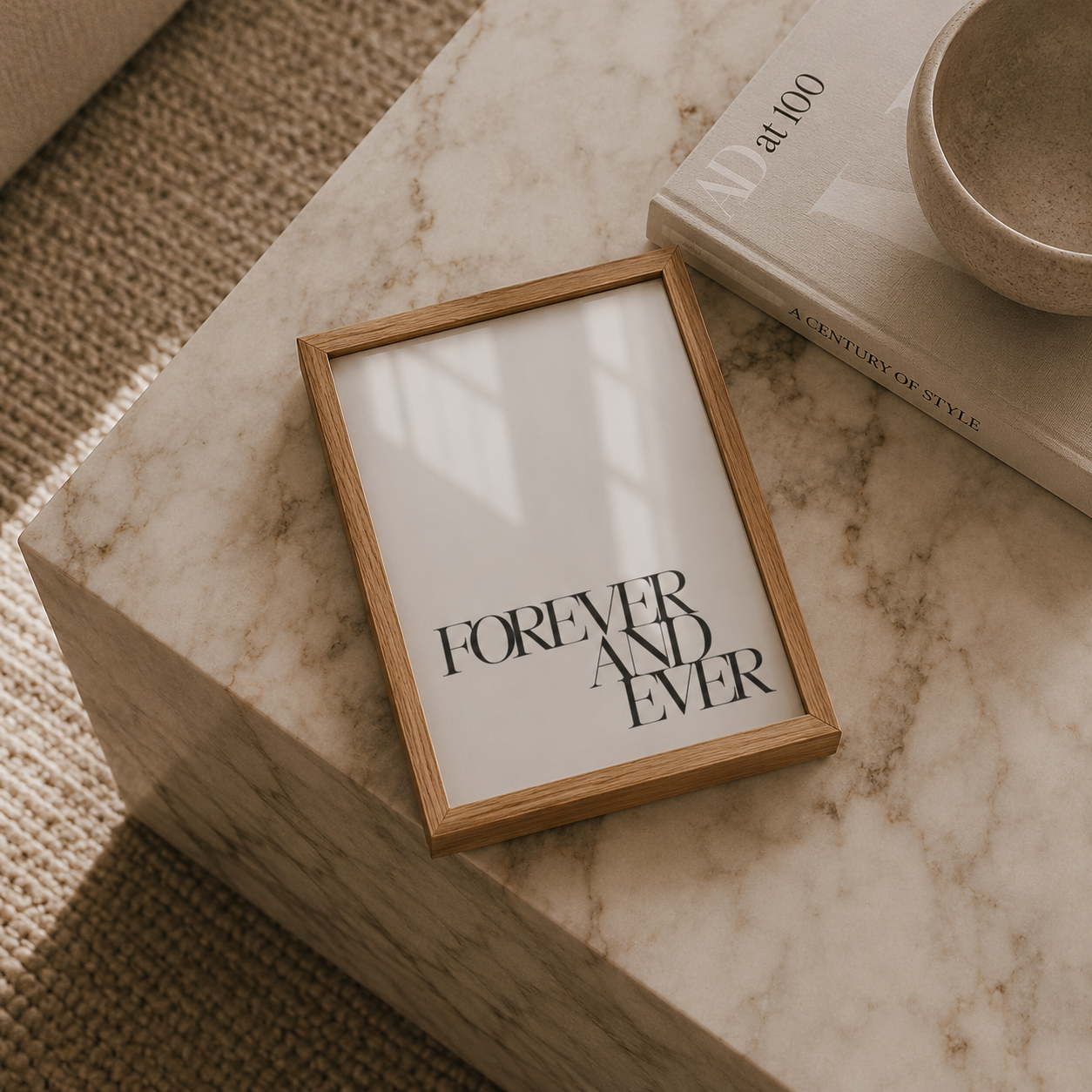 black and white romantic wall art in neutral oak frame