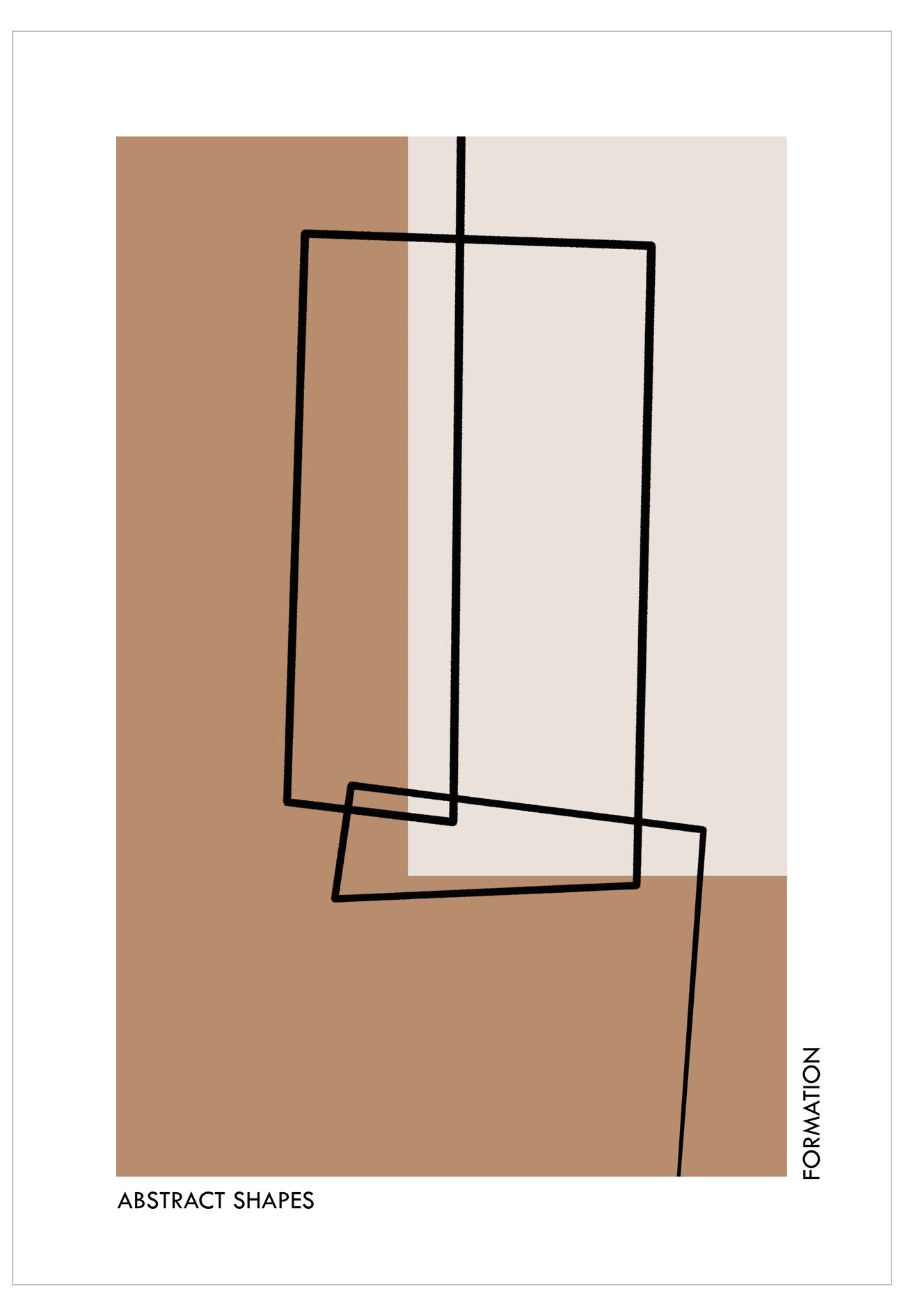 Abstract art print with black geometric shapes on a two-tone brown and beige background, featuring the brand 'Formation'.