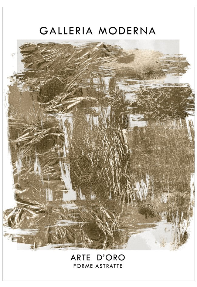 Abstract art piece with text 'Galleria Moderna' and 'Arte d'Oro Forme Astratte' on a white background