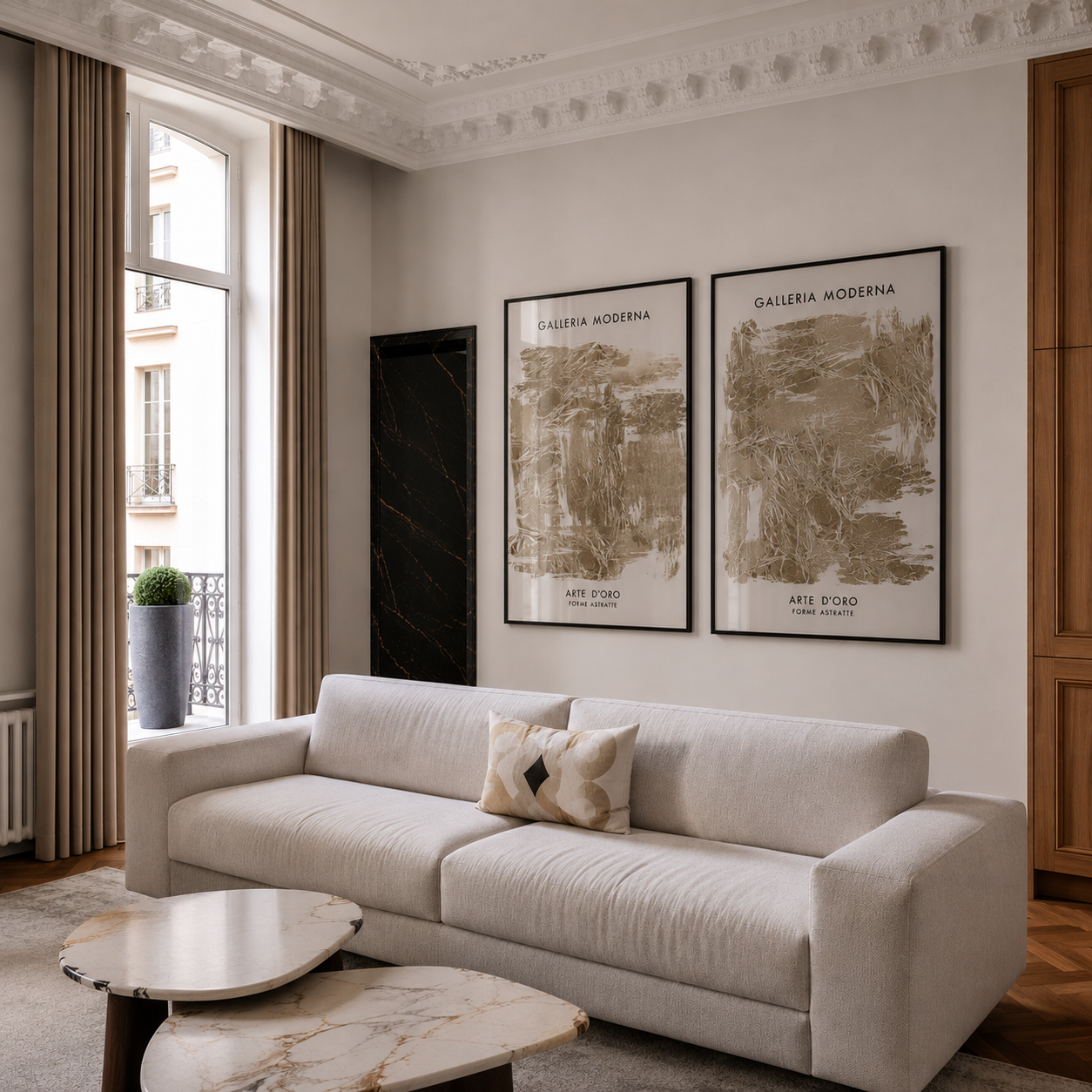 Modern living room with a beige sofa, marble coffee table, and wall art.