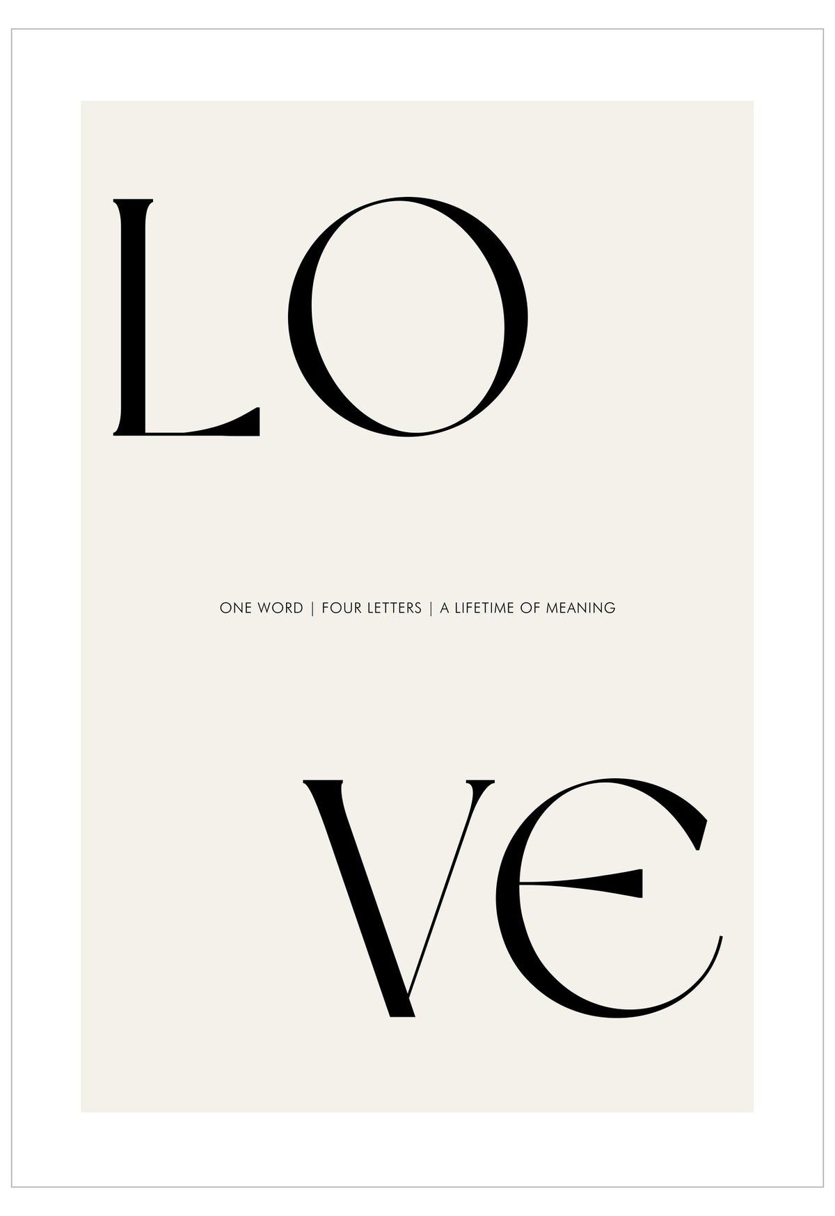 Poster with the word 'LOVE' in large, black letters on a white background.