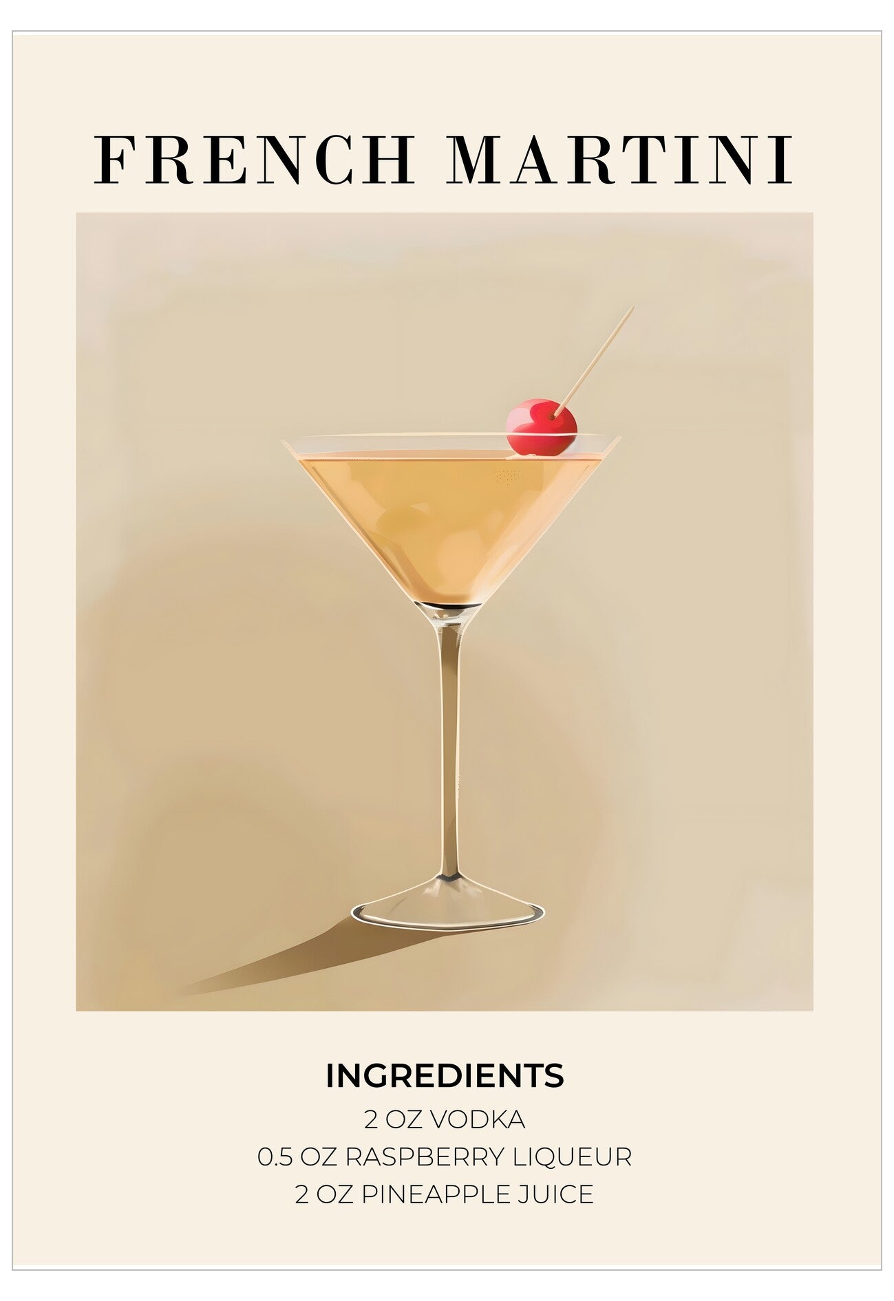French Martini cocktail with a cherry on top against a beige background