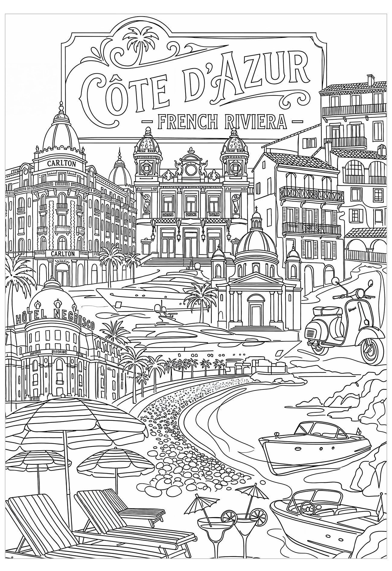 Coloring page of a coastal scene with buildings, boats, and beach chairs labeled 'Cote d'Azur French Riviera'.