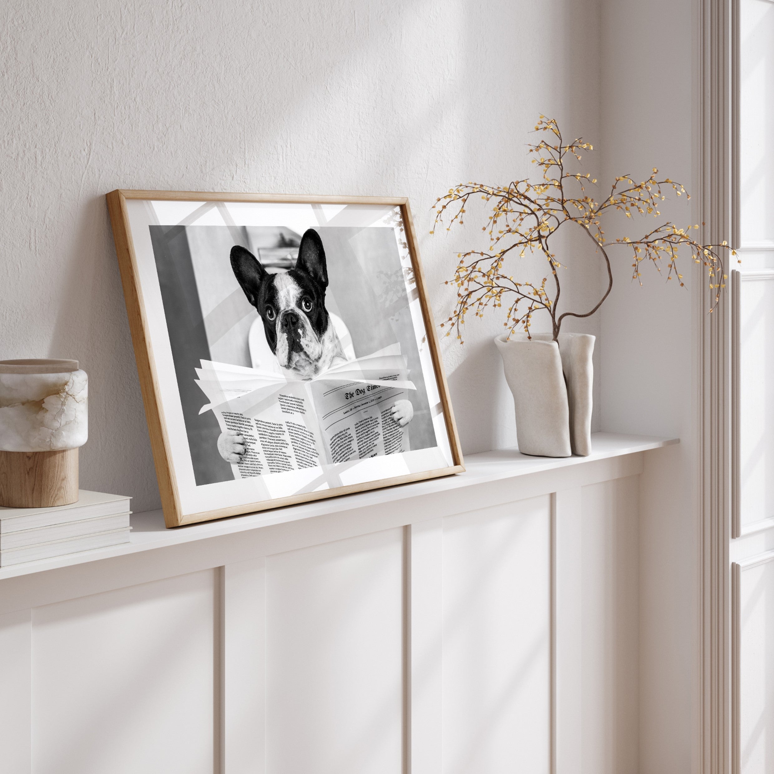 framed poster of a frenchie reading poster