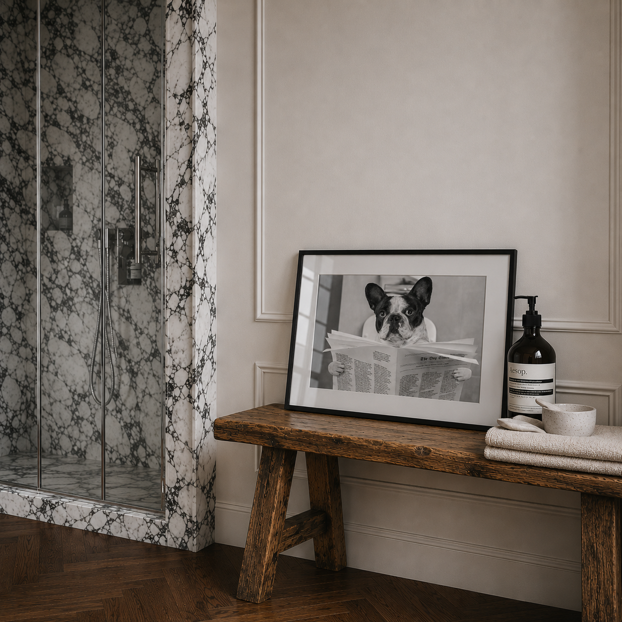 Wooden bench with a framed picture of a dog reading a newspaper, a bottle, and a bowl in a bathroom setting.