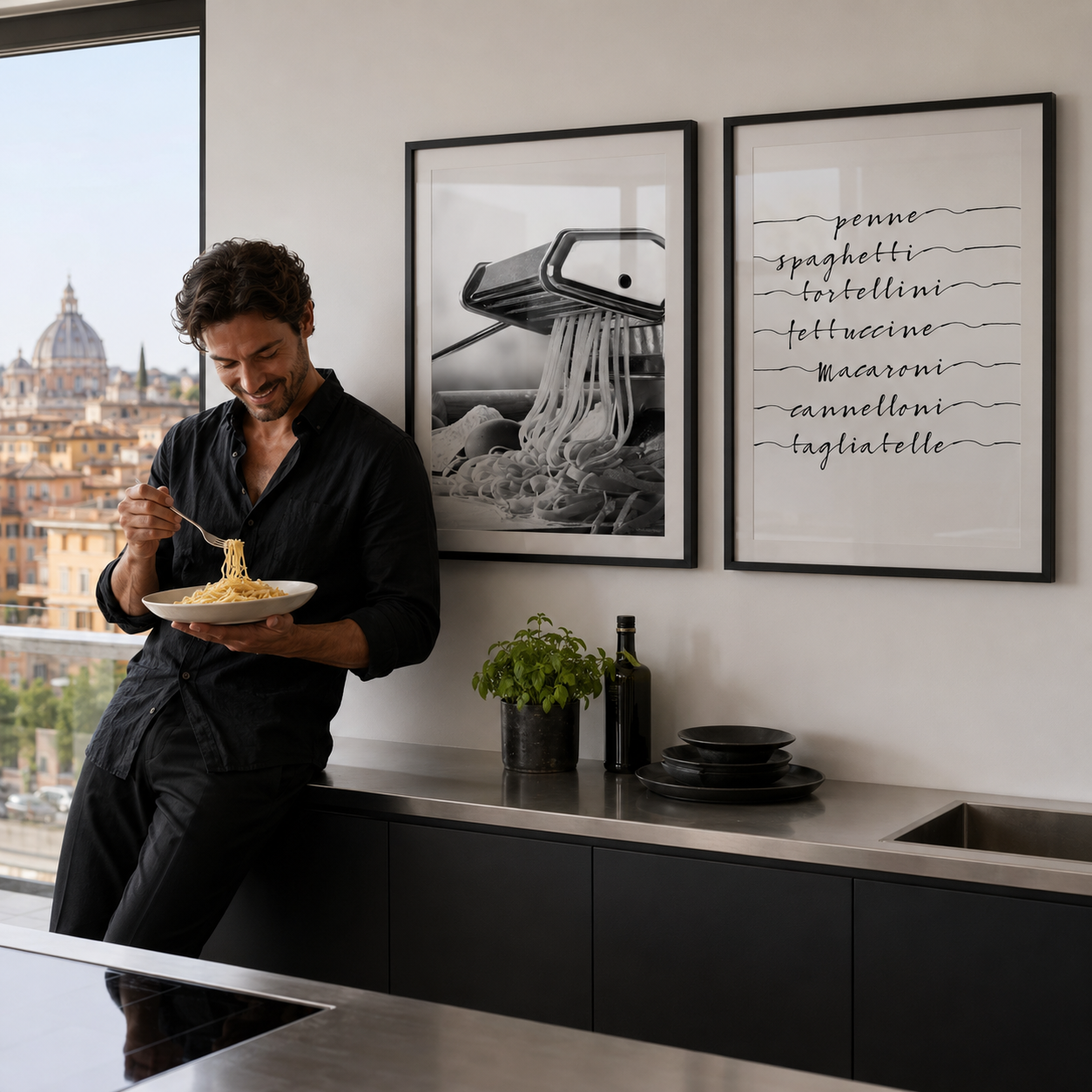 Man eating pasta in a modern kitchen with framed pictures on the wall.