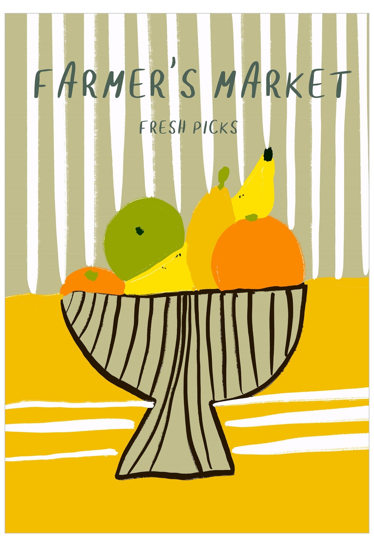 Illustration of a bowl with fruits and vegetables on a striped background with 'Farmer's Market Fresh Picks' text.
