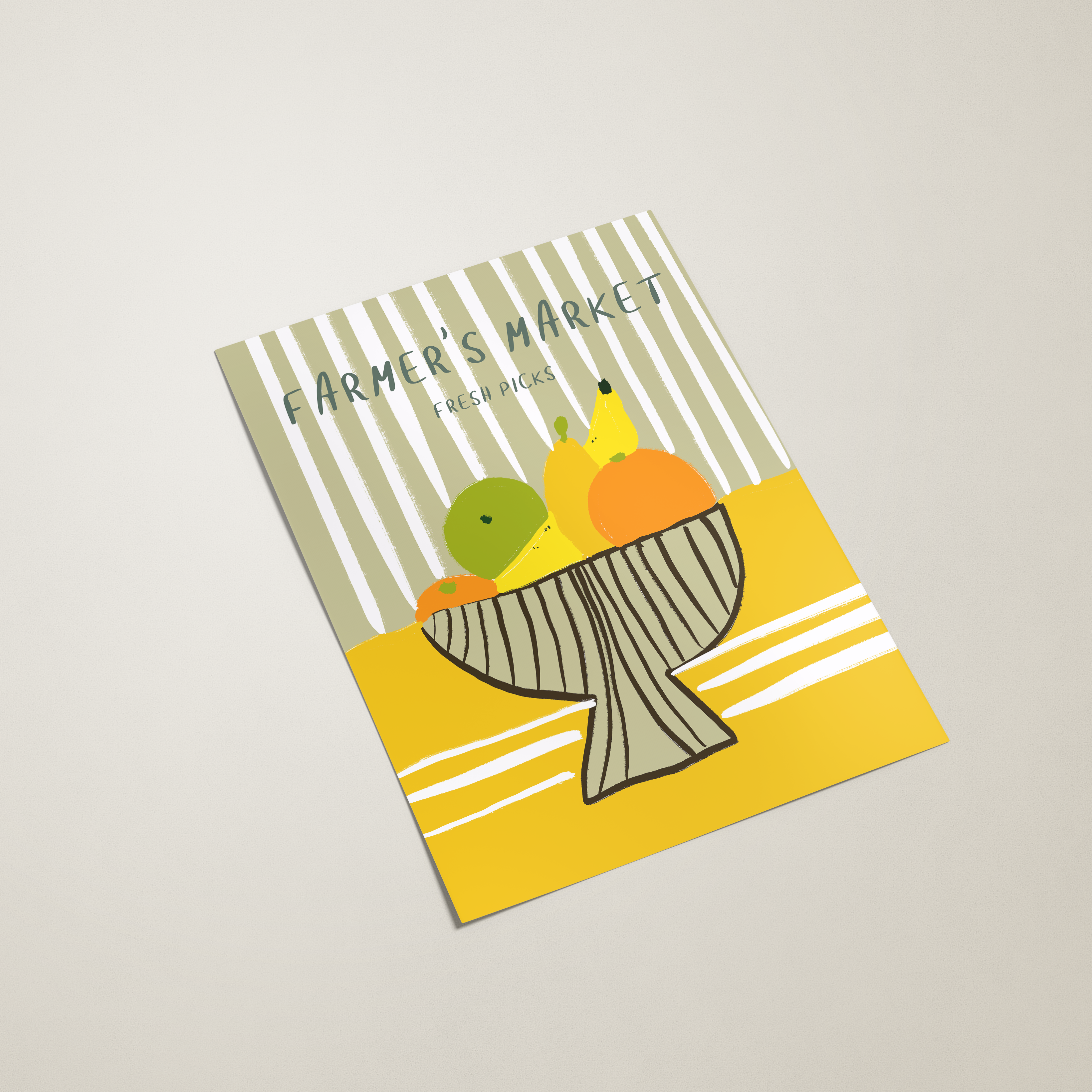 Notebook with a cover design of a bowl of fruit on a striped background