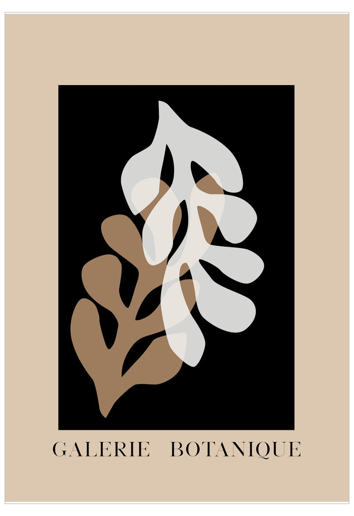 Galerie Botanique poster with abstract leaf design on a black background