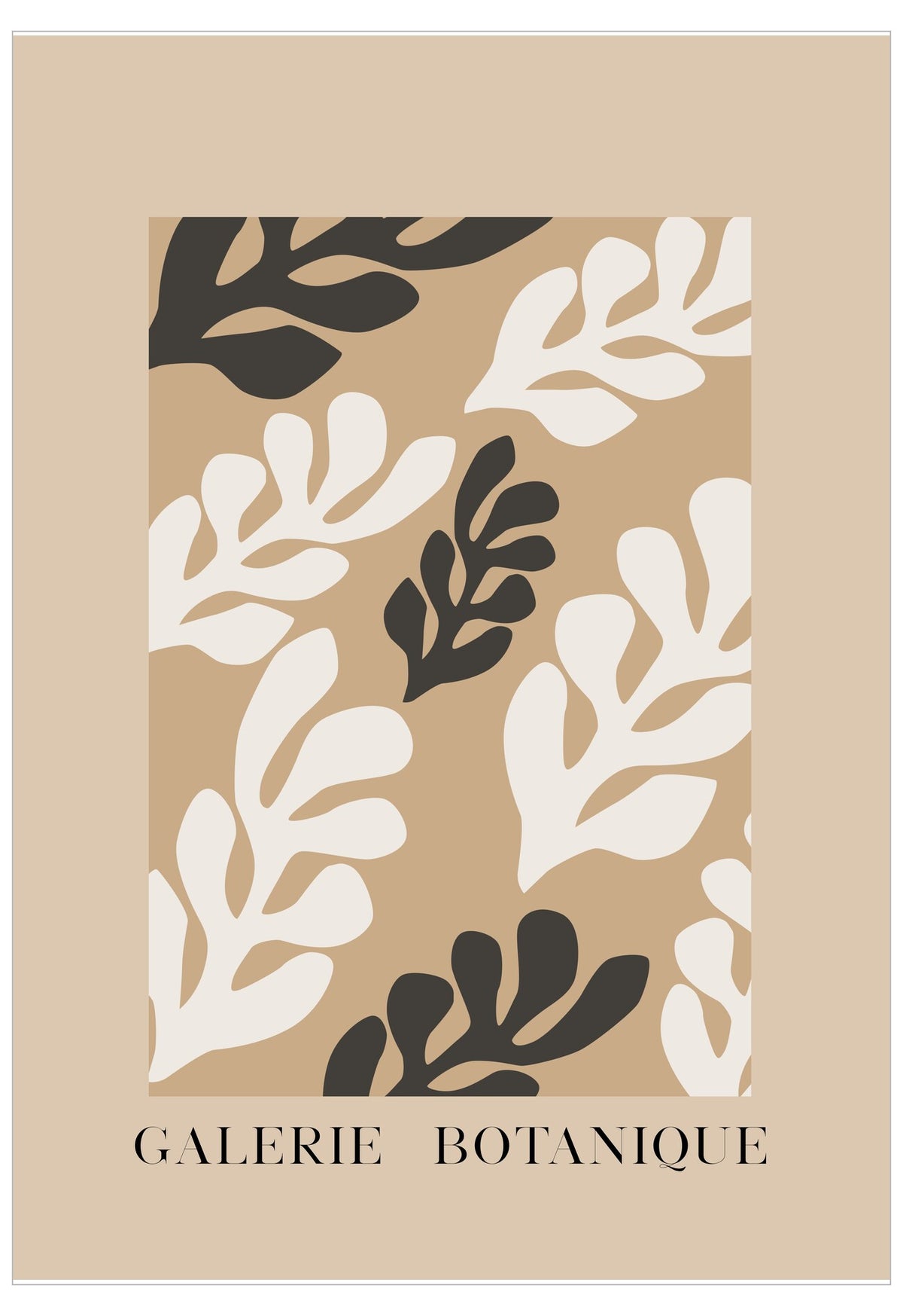 Beige poster with black and white leaf pattern and 'Galerie Botanique' text